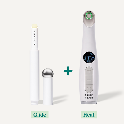 Heated Eye Wand LED+ and its glide balm, the Dry Under Eye Correcting Lidstick: Glide + Heat