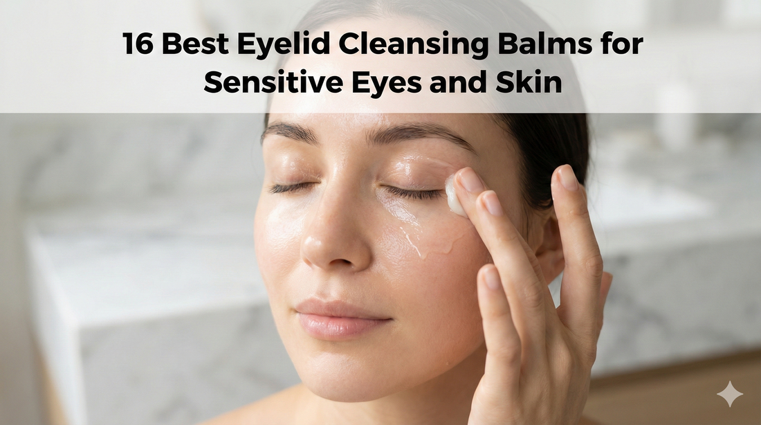 A close-up of a serene woman with dewy, glowing skin and closed eyes, gently applying a rich, melting white cleansing balm to her eyelid using her ring finger. 