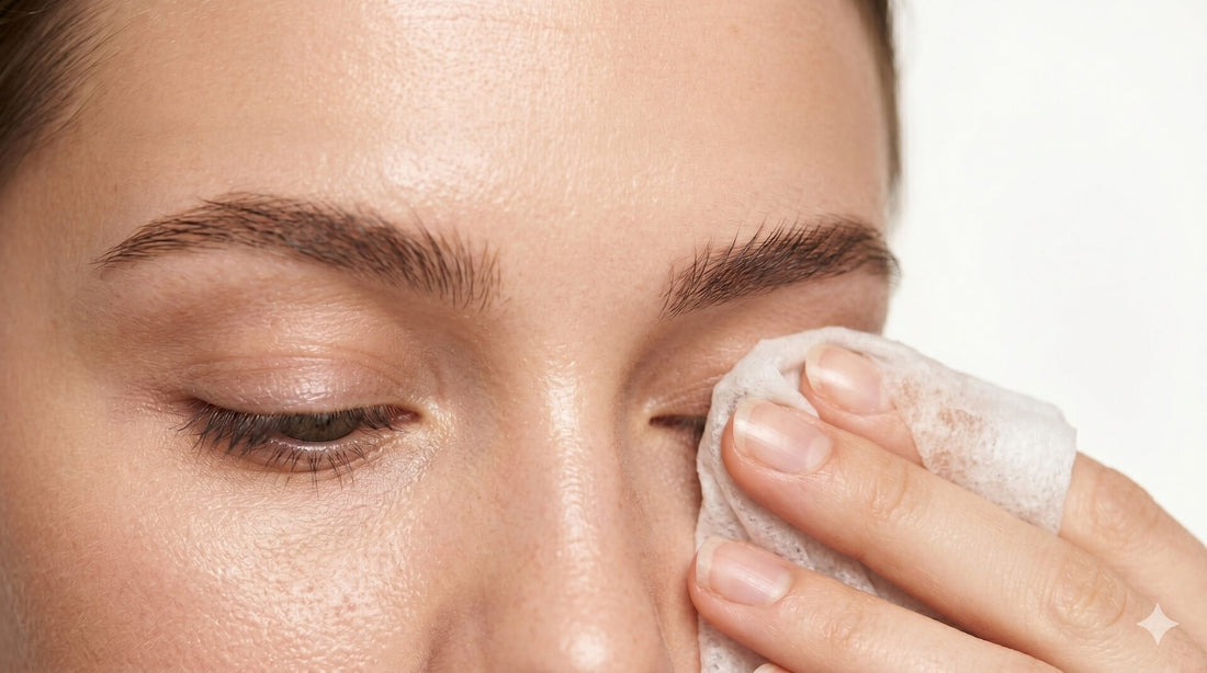 Macro portrait of a woman with dewy skin using a coconut balm wipe