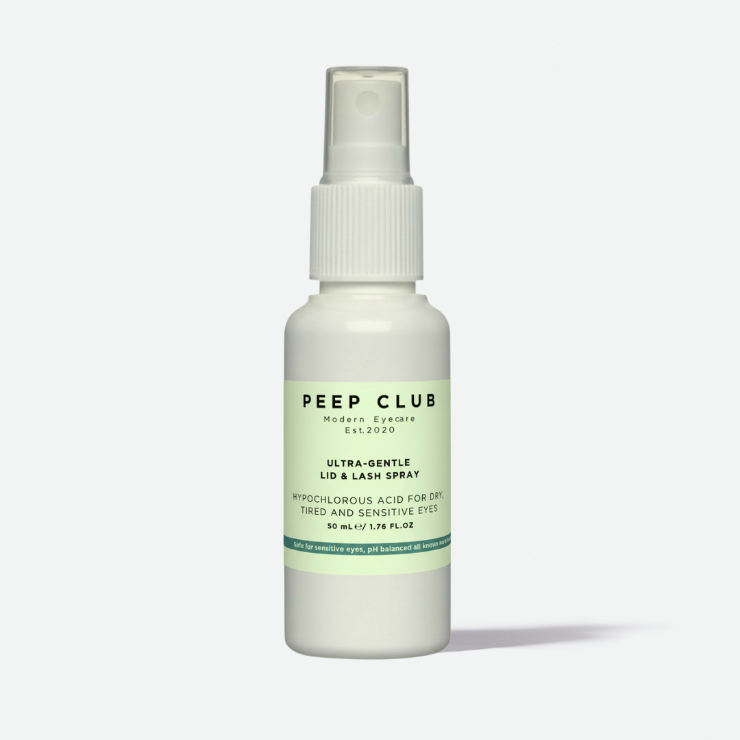 Peep Club Ultra Gentle Lid & Lash Spray 50ml — hypochlorous acid eyelid hygiene spray for dry, tired and sensitive eyes, made with Scottish mineral water, preservative-free and pH balanced, designed for daily eyelid care and stye-prone eyelids