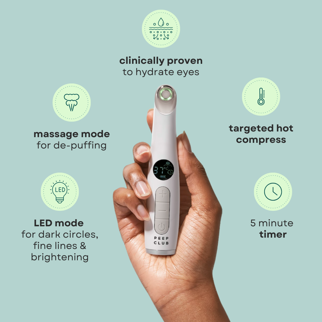 Peep Club Heated Eye Wand LED+ — 5-in-1 optometrist-developed eye care device, clinically proven to improve eye hydration, featuring targeted hot compress, massage mode for de-puffing, LED mode for dark circles and fine lines, and a 5-minute timer--6