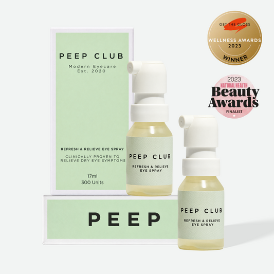 Refresh & Relieve Eye Spray Duo: two bottles with box, award badges
