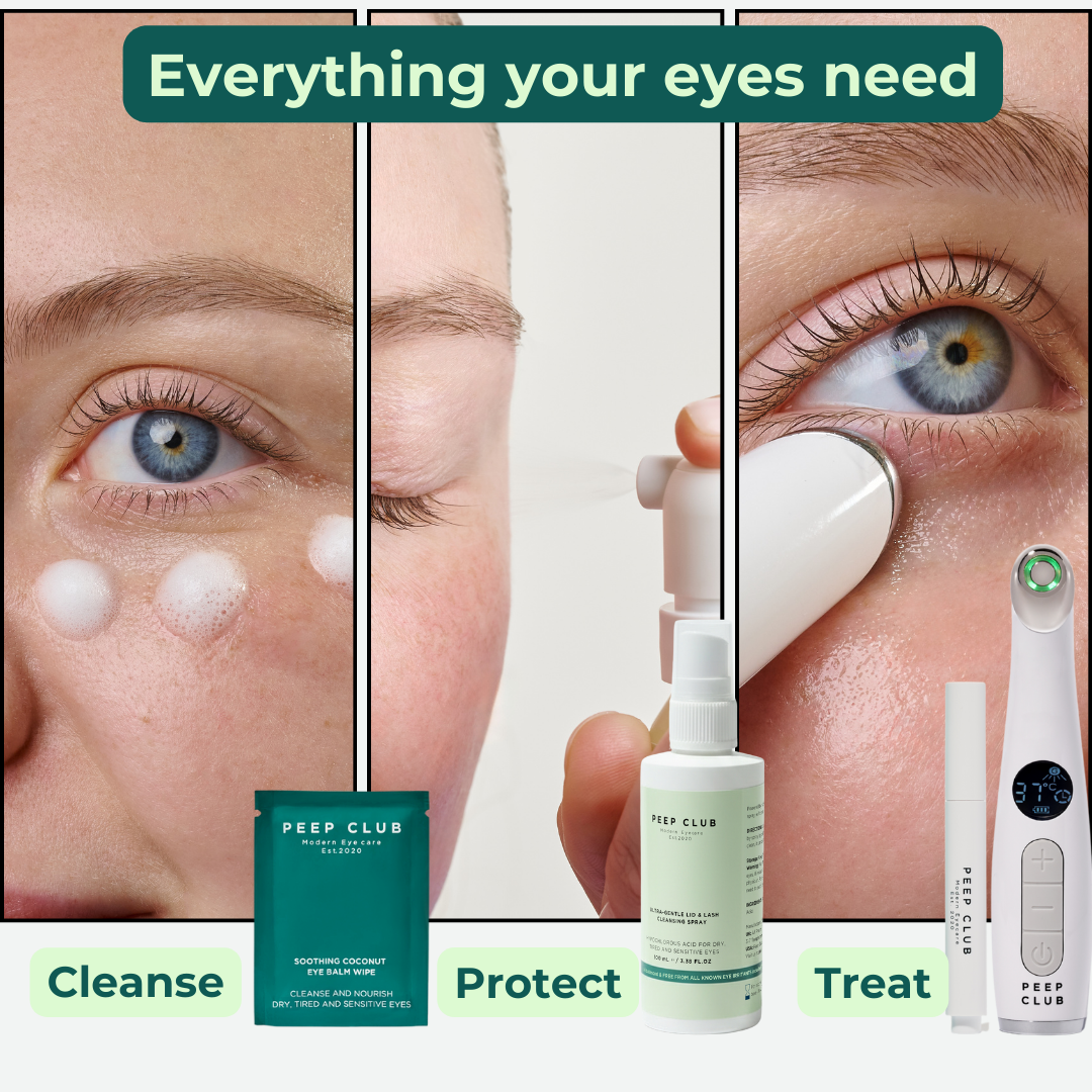 Peep Club Eye Care Essentials — everything your eyes need in three steps: Cleanse with Soothing Coconut Eye Balm Wipes, Protect with Gentle Cleaning Hypochlorous Spray, and Treat with the Heated Eye Wand LED+, a complete optometrist-developed routine for dry, tired and sensitive eyes--1