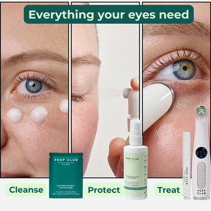 Peep Club Eye Care Essentials — everything your eyes need in three steps: Cleanse with Soothing Coconut Eye Balm Wipes, Protect with Gentle Cleaning Hypochlorous Spray, and Treat with the Heated Eye Wand LED+, a complete optometrist-developed routine for dry, tired and sensitive eyes--1