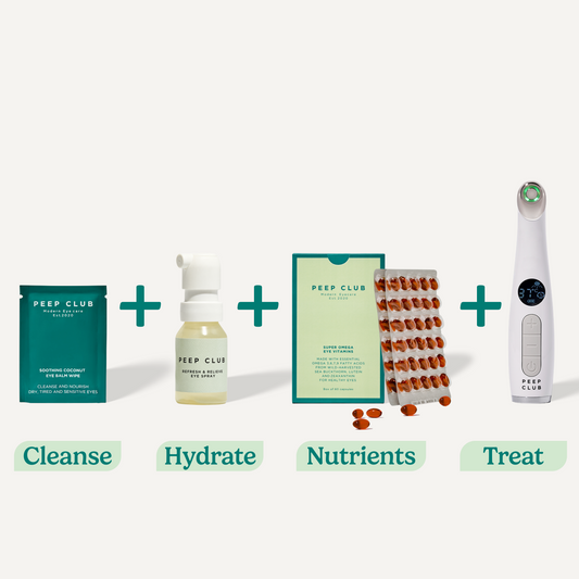 All-You-Need Dry Eye Care Kit: Coconut Balm Wipes (Cleanse), Refresh & Relieve Eye Spray (Hydrate), Super Omega (Nutrients), Heated Eye Wand LED+ (Treat)