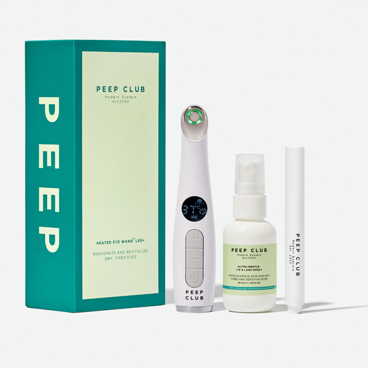 Peep Club Dry Eyes Savior System kit including Heated Eye Wand LED+, Ultra-Gentle Lid & Lash Spray, and Lidstick with award badges — $120 off with subscription