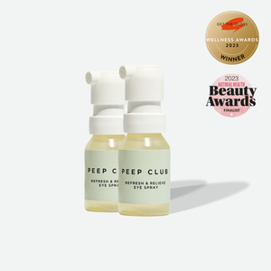 Refresh & Relieve Eye Spray Duo: two bottles, one for home and one for on the go, with 2023 Get The Gloss Wellness Award winner and Natural Health Beauty Awards finalist badges--1