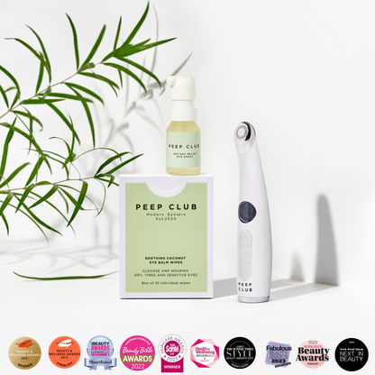 Complete dry eye kit with heat mask, dry eye drops, and soothing lid wipes