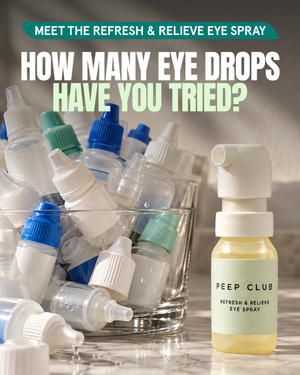 Refresh & Relieve Eye Spray next to a glass of discarded eye drop bottles: how many eye drops have you tried?--3