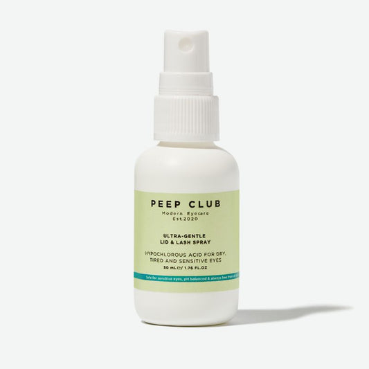 Peep Club Ultra Gentle Lid & Lash Spray 50ml — hypochlorous acid eyelid hygiene spray for dry, tired and sensitive eyes, made with Scottish mineral water, preservative-free and pH balanced, designed for daily eyelid care and stye-prone eyelids