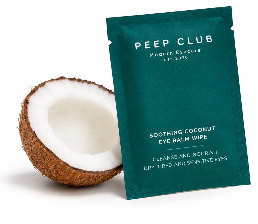 Peep Club Soothing Coconut Eye Balm Wipe with fresh coconut